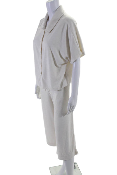Andie Women's Collared Short Sleeves Button Up Two Piece Pants Set Cream Size XL