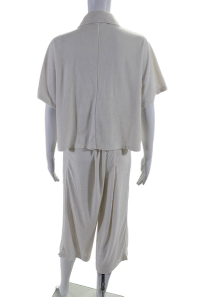 Andie Women's Collared Short Sleeves Button Up Two Piece Pants Set Cream Size XL