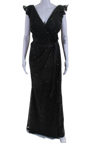 Tony Ward Womens Sequin Beaded Ruffle Trim V-Neck Maxi Dress Black Size 44