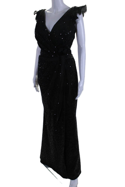 Tony Ward Womens Sequin Beaded Ruffle Trim V-Neck Maxi Dress Black Size 44