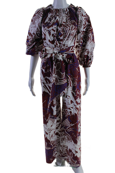 Halpern Womens Abstract Print Ruched Back Zipped Wide Leg Jumpsuit Red Size 34 S