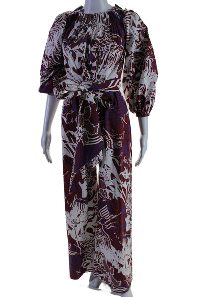 Halpern Womens Abstract Print Ruched Back Zipped Wide Leg Jumpsuit Red Size 34 S