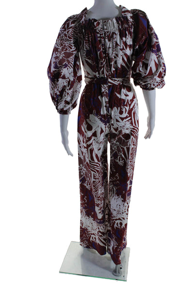 Halpern Womens Abstract Print Ruched Back Zipped Wide Leg Jumpsuit Red Size 34 S