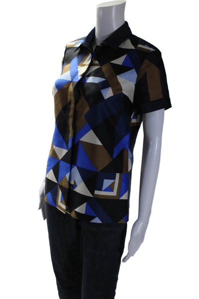 J Crew Womens Wool Short Sleeve Collar Button Geometric Blouse Blue Size 2