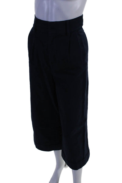 J Crew Womens Cotton Pleated Lined Crop Cuff Bottom Wide Leg Pants Navy Size 6