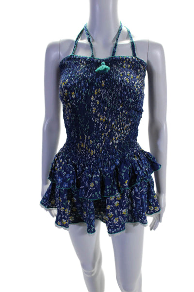 Poupette St. Barth Womens Strapless Stretch Floral Print Short Romper Blue Size