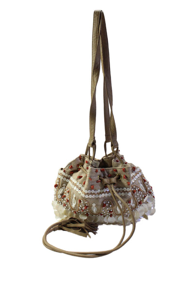 Moyna Womens Woven Beaded Top Handle Drawstring Bucket Bag Beige