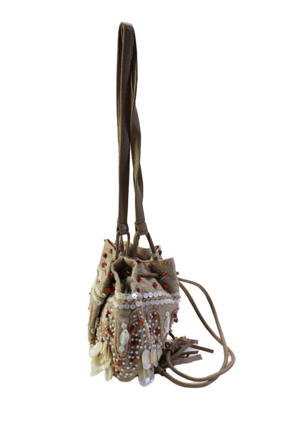 Moyna Womens Woven Beaded Top Handle Drawstring Bucket Bag Beige