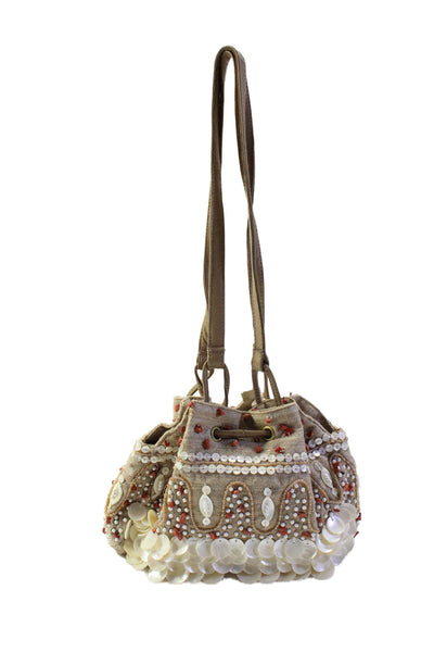 Moyna Womens Woven Beaded Top Handle Drawstring Bucket Bag Beige