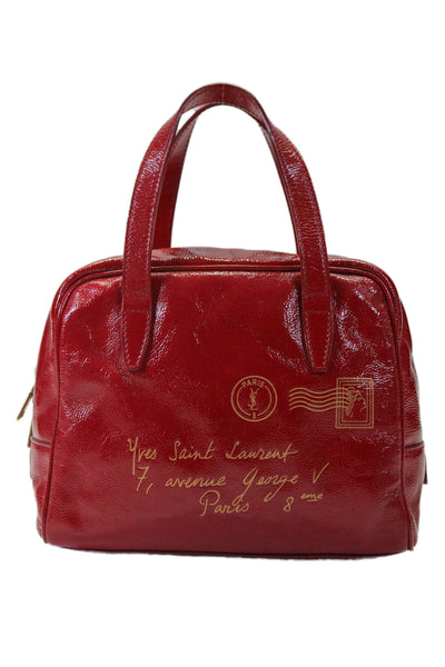 Yves Saint Laurent Womens Crinkled Patent Leather Post Card Mini Handbag Red