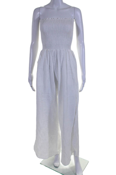 Peixoto Womens Strapless Smocked Side Slit Wide Leg Jumpsuit White Size Medium