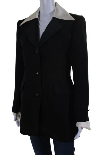 Hermes Womens Three Button Satin Collar Blazer Jacket Black White Wool FR 38