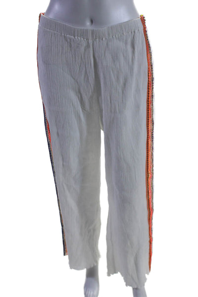 Pitusa Womens Elastic Waistband Crochet Knit Trim Pants White Cotton Size Large