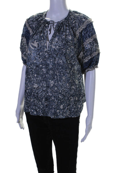 Ulla Johnson Womens Abstract Print Key Hole Neck Blouse Blue White Cotton Size 2