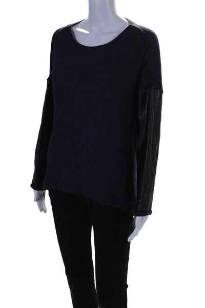 Generation Love Womens faux Leather Trim Long Sleeve Mesh Knit Top Blue Size M/L