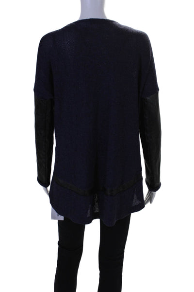 Generation Love Womens faux Leather Trim Long Sleeve Mesh Knit Top Blue Size M/L