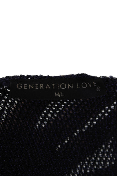 Generation Love Womens faux Leather Trim Long Sleeve Mesh Knit Top Blue Size M/L