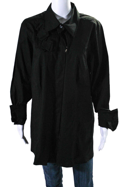 Marina Rinaldi Womens Cotton Collar Ruffle Button Up Blouse Black Size EUR 27