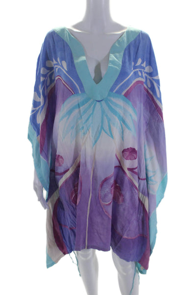 Glamourpuss Womens 3/4 Sleeve V Neck Printed Draped Dress Blue Purple Size Large