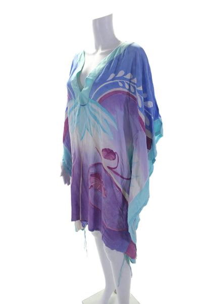 Glamourpuss Womens 3/4 Sleeve V Neck Printed Draped Dress Blue Purple Size Large