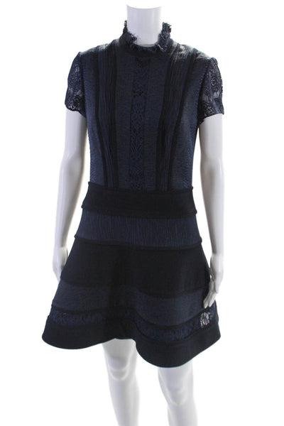 Nina Bauer Collection Short Sleeves Fit Flare Lace Trim Mini Dress Blue Size M