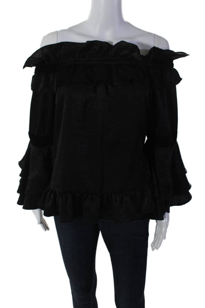 Misa Women's Ruffle Off The Shoulder Bell Sleeves Blouse Black Size XS