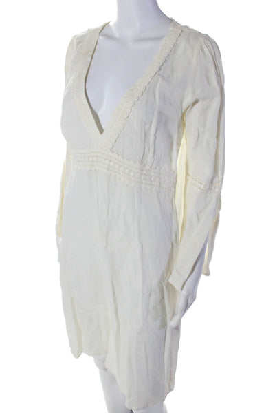 Calypso Christiane Celle Womens Cream Linen V-neck Long Sleeve Shift Dress SizeM