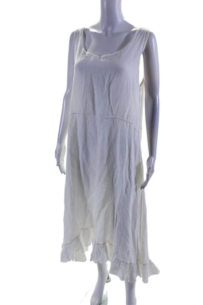 Designer Womens Sleeveless Scoop Neck Midi Linen Dress White Size Large