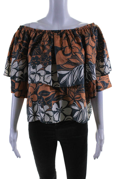 Warm Womens Off Shoulder Tiered Floral Silk Blouse Brown Black White Size 3