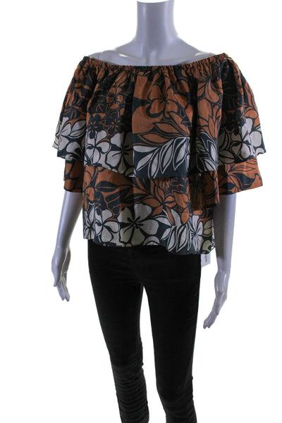 Warm Womens Off Shoulder Tiered Floral Silk Blouse Brown Black White Size 3