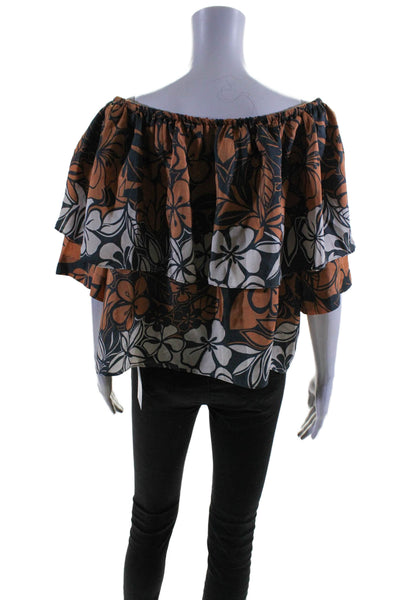 Warm Womens Off Shoulder Tiered Floral Silk Blouse Brown Black White Size 3