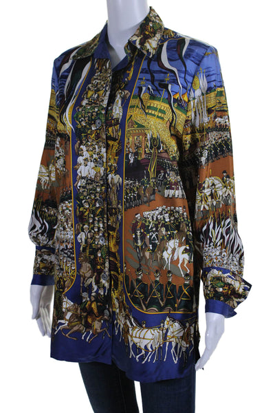 Hermes Womens Button Front Collared Royal Gathering Silk Shirt Blue Multi FR 36