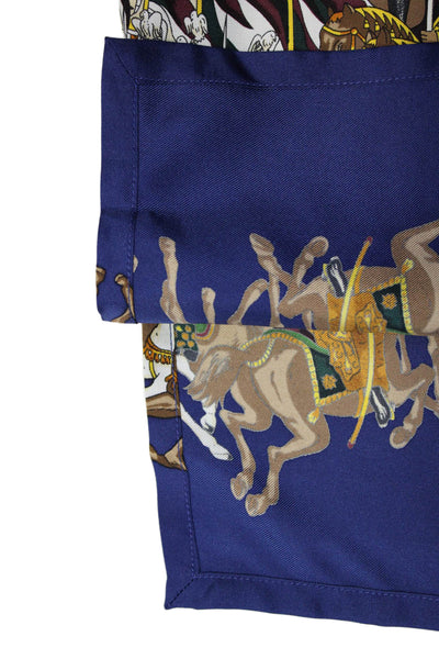 Hermes Womens Button Front Collared Royal Gathering Silk Shirt Blue Multi FR 36