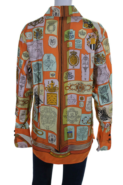 Hermes Womens Button Front Collared Silk Family Crest Shirt Orange Multi FR 36