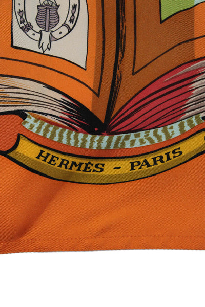 Hermes Womens Button Front Collared Silk Family Crest Shirt Orange Multi FR 36