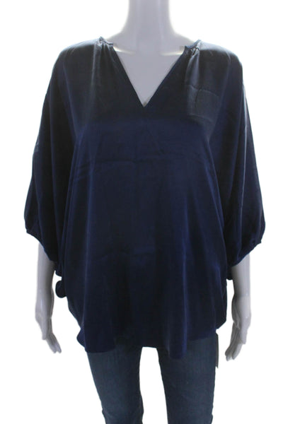 Kes Womens Half Sleeve V Neck Oversized Silk Blouse Top Navy Blue Size Medium