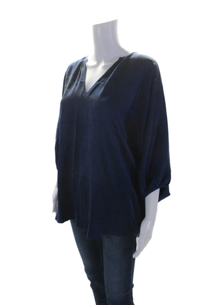 Kes Womens Half Sleeve V Neck Oversized Silk Blouse Top Navy Blue Size Medium