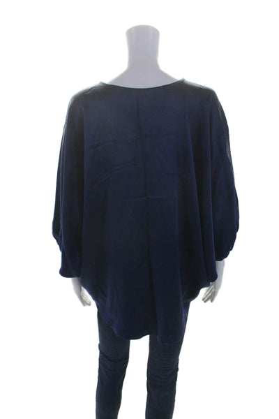 Kes Womens Half Sleeve V Neck Oversized Silk Blouse Top Navy Blue Size Medium