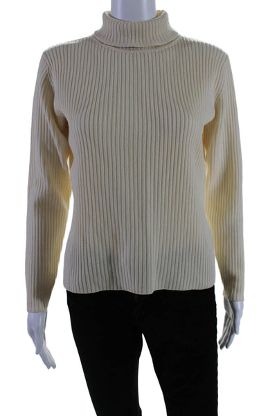 Lafayette 148 New York Womens Cream Wool Ribbed Turtleneck Sweater Top Size S