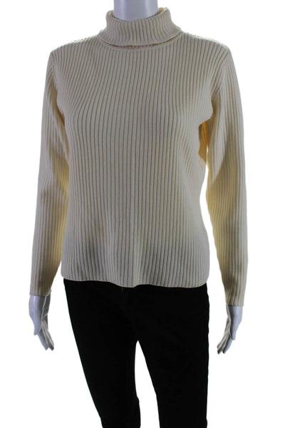 Lafayette 148 New York Womens Cream Wool Ribbed Turtleneck Sweater Top Size S