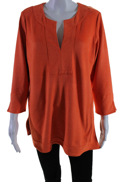 Gretchen Scott Womens Orange V-neck Long Sleeve Slit Sides Blouse Top Size S