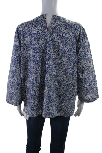 J Crew Womens Floral Print Blouse Blue Multi Colored Cotton Size Extra Large