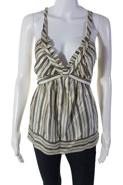 BCBGMAXAZRIA Womens Zip Up Sleeveless V Neck Striped Silk Top White Multi Small