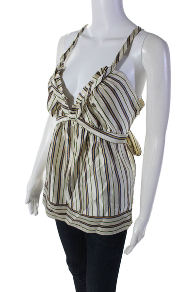 BCBGMAXAZRIA Womens Zip Up Sleeveless V Neck Striped Silk Top White Multi Small