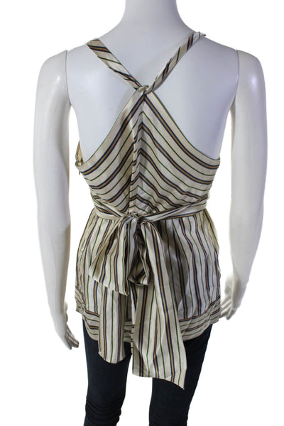 BCBGMAXAZRIA Womens Zip Up Sleeveless V Neck Striped Silk Top White Multi Small