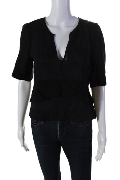 BCBGMAXAZRIA Womens Short Sleeve V Neck Ruffled Top Blouse Black Size Small