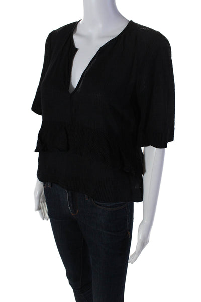 BCBGMAXAZRIA Womens Short Sleeve V Neck Ruffled Top Blouse Black Size Small