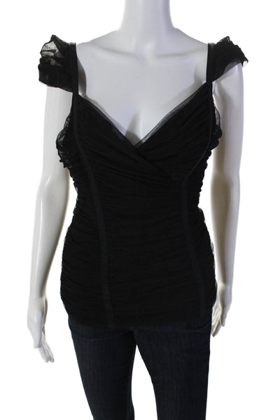 BCBGMAXAZRIA Womens Sleeveless V Neck Mesh Ruched Blouse Top Black Size Small