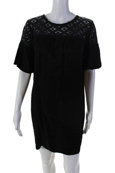 Ella Moss Womens Short Sleeve Lace Trim Scoop Neck Shift Dress Black Size Small