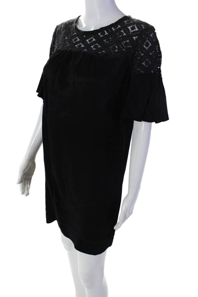 Ella Moss Womens Short Sleeve Lace Trim Scoop Neck Shift Dress Black Size Small